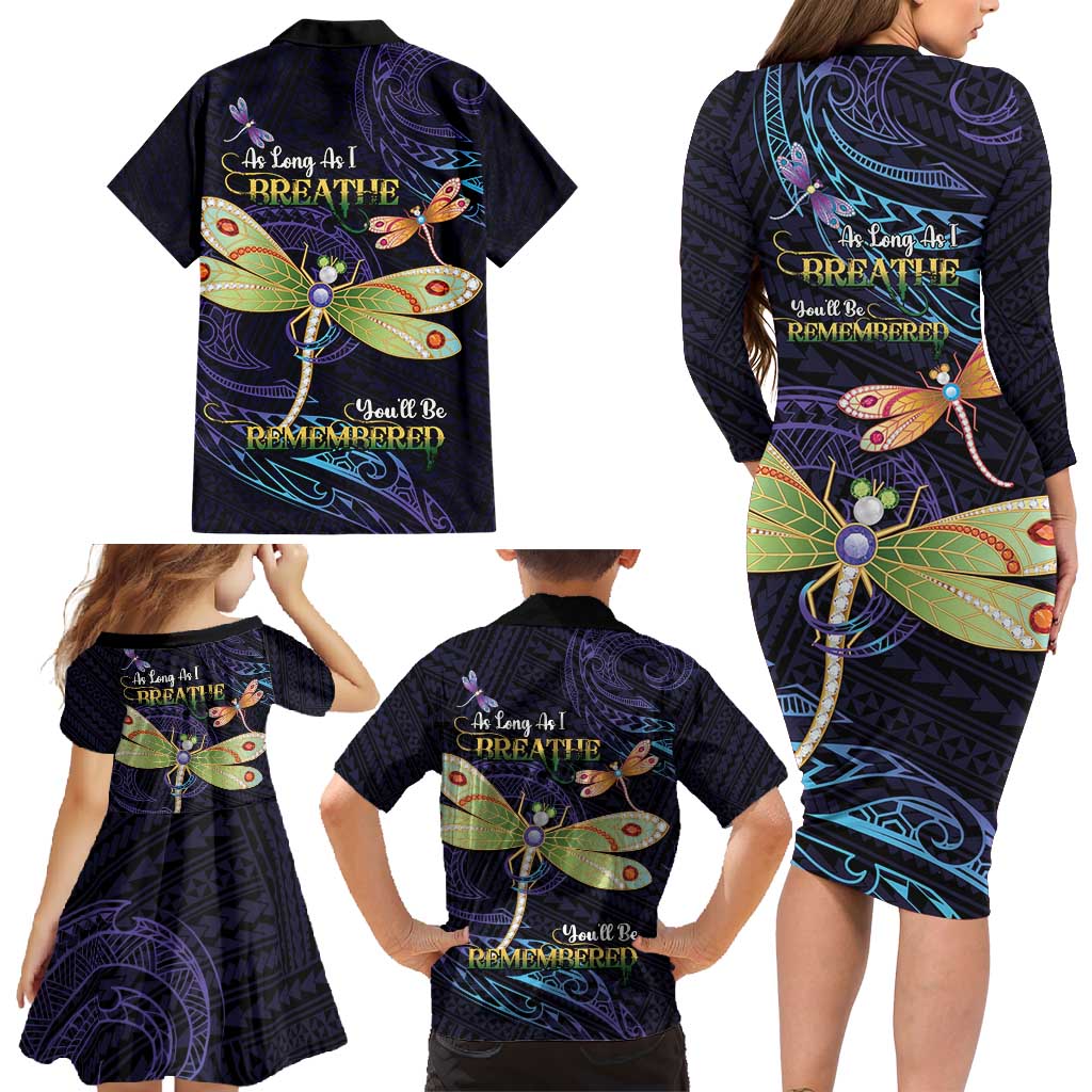 As Long As I Breathe You'll Be Remembered Family Matching Long Sleeve Bodycon Dress and Hawaiian Shirt Dragonflies Memorial - Polynesian Pattern