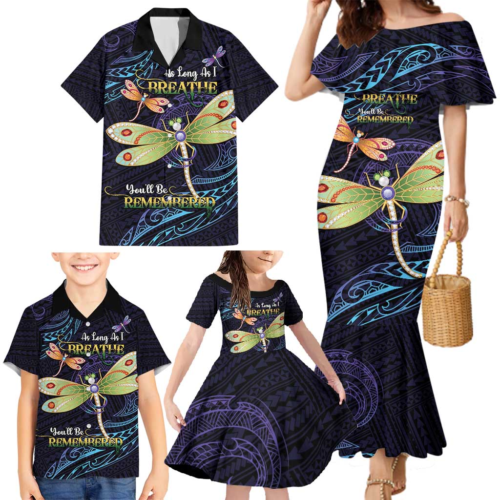 As Long As I Breathe You'll Be Remembered Family Matching Mermaid Dress and Hawaiian Shirt Dragonflies Memorial - Polynesian Pattern