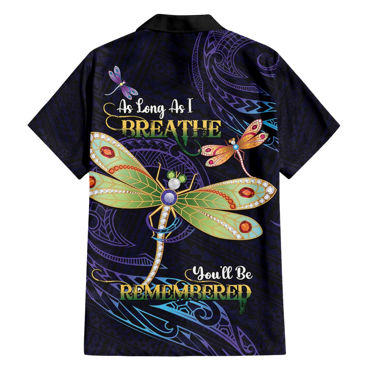 As Long As I Breathe You'll Be Remembered Family Matching Off The Shoulder Long Sleeve Dress and Hawaiian Shirt Dragonflies Memorial - Polynesian Pattern
