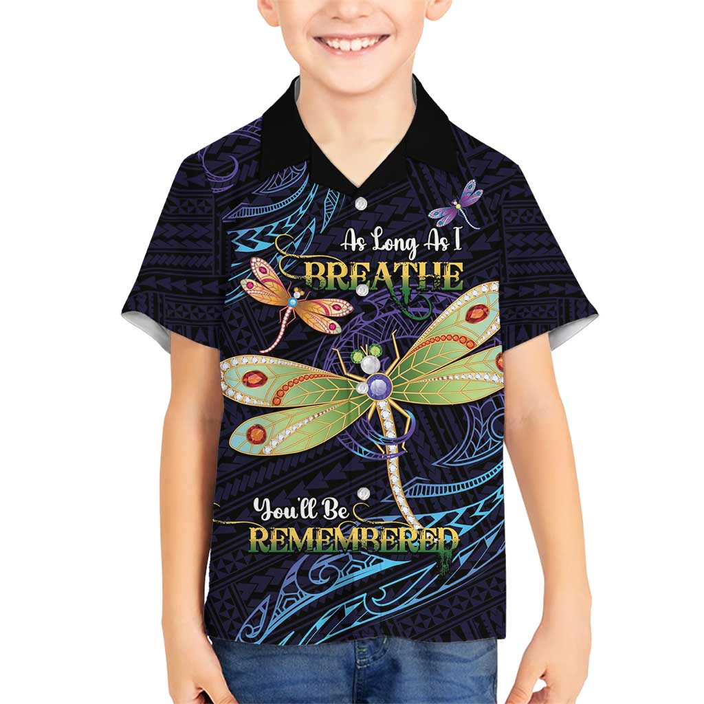 As Long As I Breathe You'll Be Remembered Family Matching Puletasi and Hawaiian Shirt Dragonflies Memorial - Polynesian Pattern