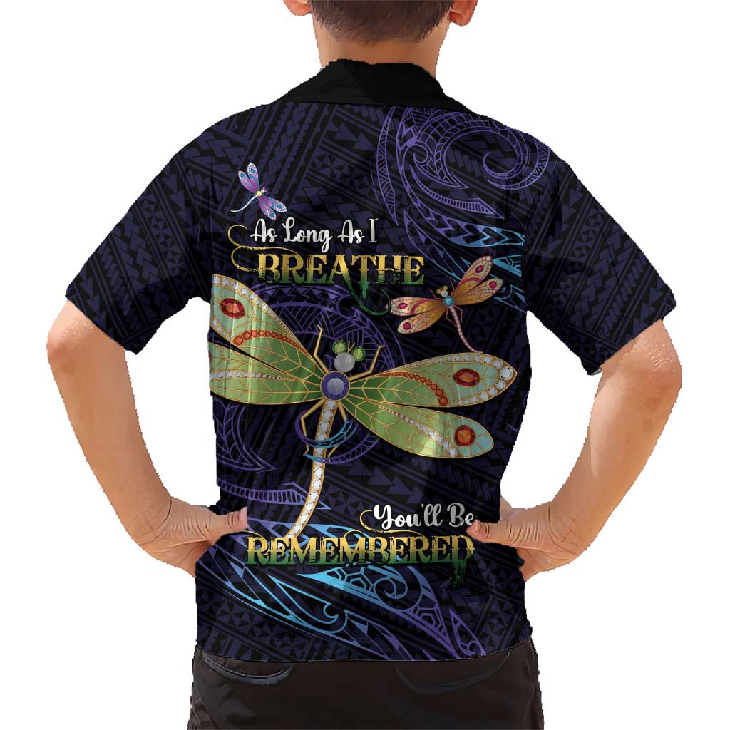 As Long As I Breathe You'll Be Remembered Kid Hawaiian Shirt Dragonflies Memorial - Polynesian Pattern