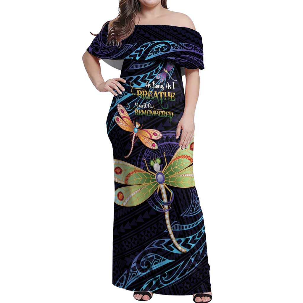 As Long As I Breathe You'll Be Remembered Off Shoulder Maxi Dress Dragonflies Memorial - Polynesian Pattern LT14 Women Black - Polynesian Pride