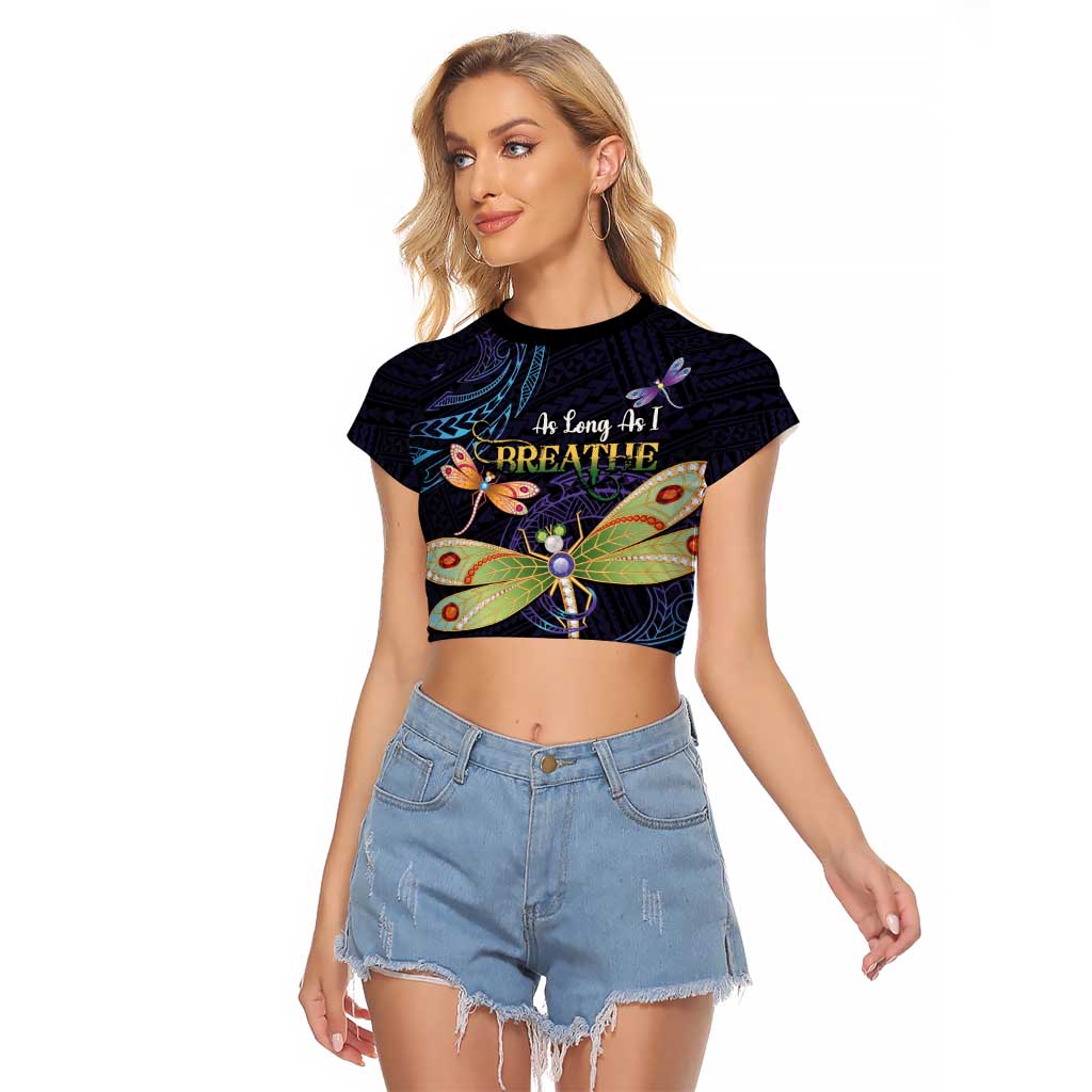 As Long As I Breathe You'll Be Remembered Raglan Cropped T Shirt Dragonflies Memorial - Polynesian Pattern