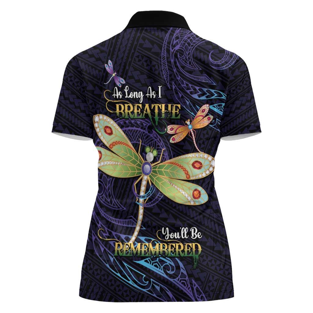 As Long As I Breathe You'll Be Remembered Women Polo Shirt Dragonflies Memorial - Polynesian Pattern
