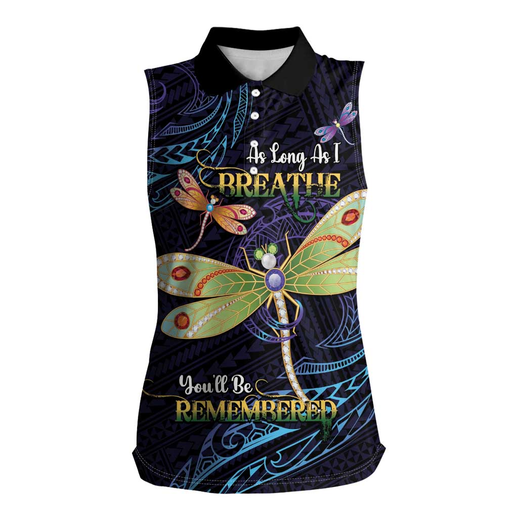 As Long As I Breathe You'll Be Remembered Women Sleeveless Polo Shirt Dragonflies Memorial - Polynesian Pattern LT14 Female Black - Polynesian Pride