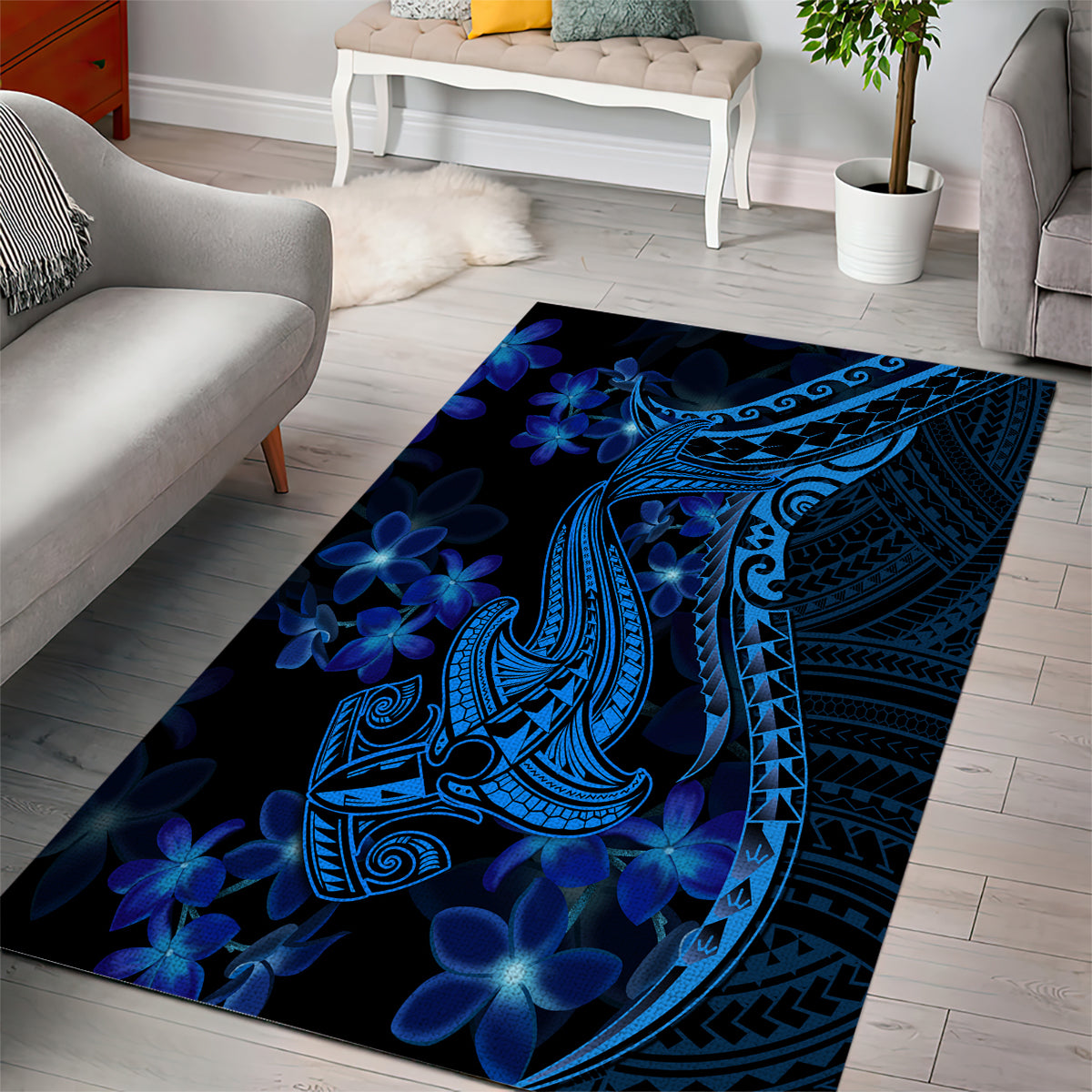 Blue Polynesia Shark Tattoo Area Rug With Polynesian Plumeria LT14 - Polynesian Pride