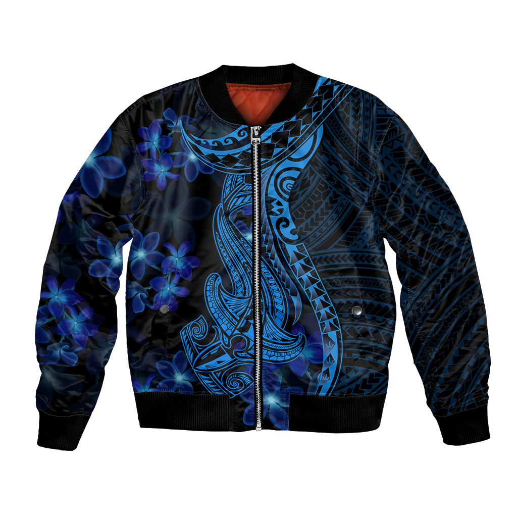 Blue Polynesia Shark Tattoo Bomber Jacket With Polynesian Plumeria LT14 Unisex Blue - Polynesian Pride