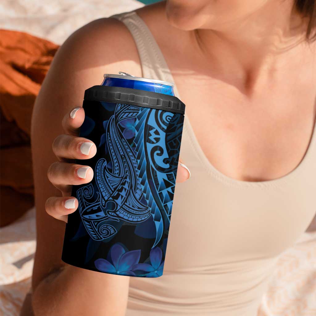 Blue Polynesia Shark Tattoo 4 in 1 Can Cooler Tumbler With Polynesian Plumeria