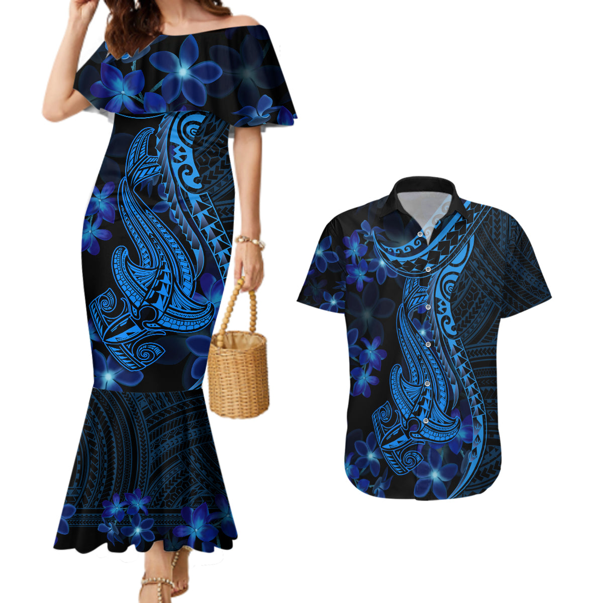 Blue Polynesia Shark Tattoo Couples Matching Mermaid Dress and Hawaiian Shirt With Polynesian Plumeria LT14 Blue - Polynesian Pride