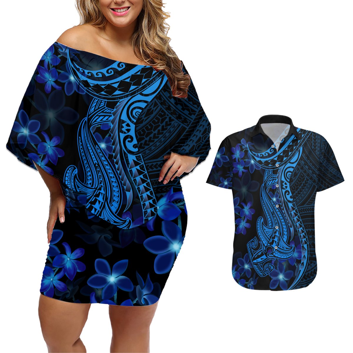 Blue Polynesia Shark Tattoo Couples Matching Off Shoulder Short Dress and Hawaiian Shirt With Polynesian Plumeria LT14 Blue - Polynesian Pride