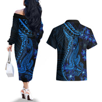 Blue Polynesia Shark Tattoo Couples Matching Off The Shoulder Long Sleeve Dress and Hawaiian Shirt With Polynesian Plumeria LT14 - Polynesian Pride