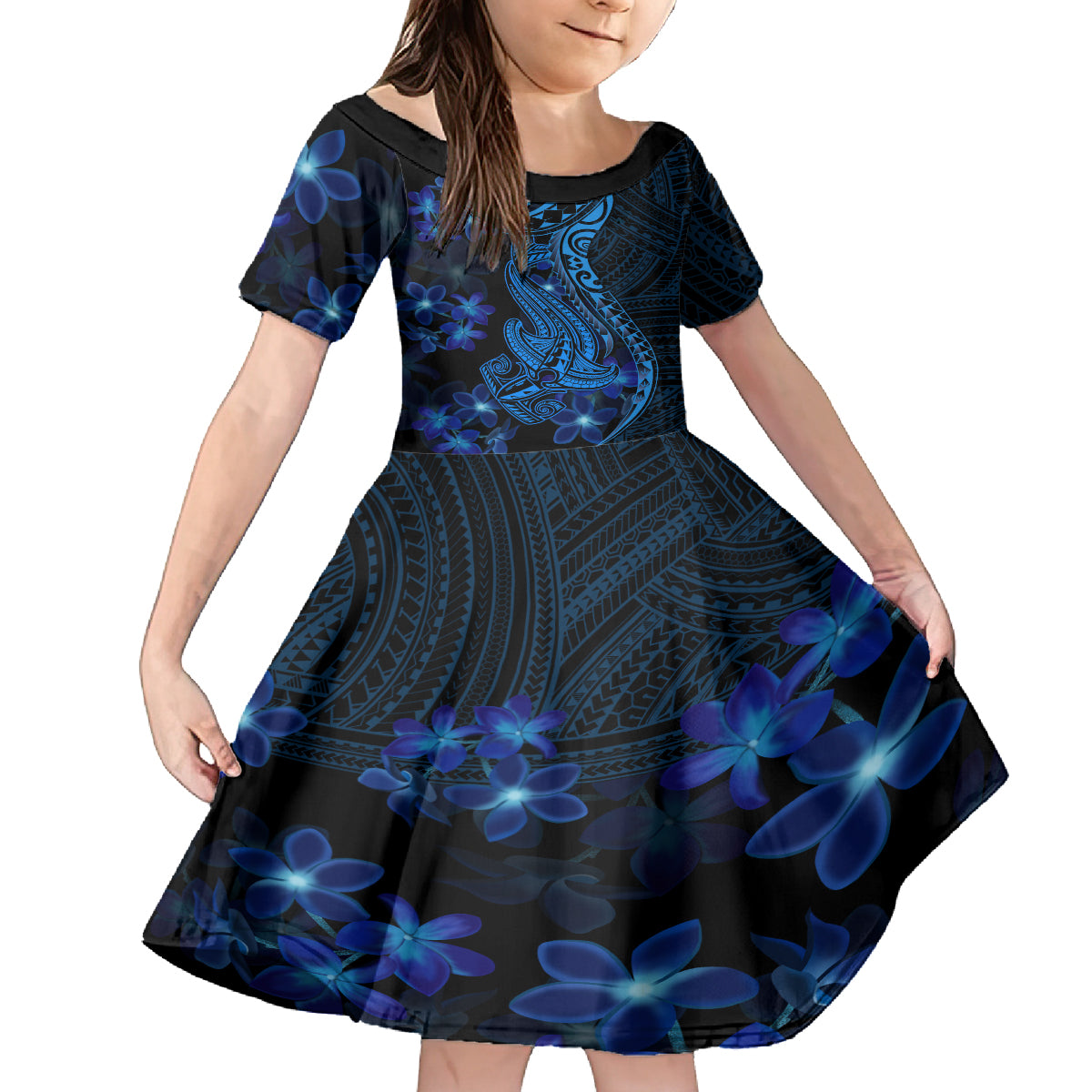 Blue Polynesia Shark Tattoo Family Matching Long Sleeve Bodycon Dress and Hawaiian Shirt With Polynesian Plumeria LT14 Daughter's Dress Blue - Polynesian Pride