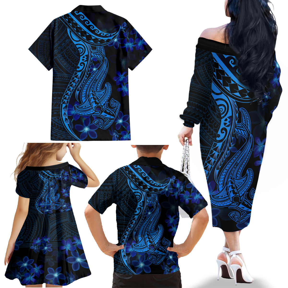 Blue Polynesia Shark Tattoo Family Matching Off Shoulder Long Sleeve Dress and Hawaiian Shirt With Polynesian Plumeria LT14 - Polynesian Pride