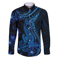 Blue Polynesia Shark Tattoo Family Matching Puletasi Dress and Hawaiian Shirt With Polynesian Plumeria LT14 Dad's Shirt - Long Sleeve Blue - Polynesian Pride