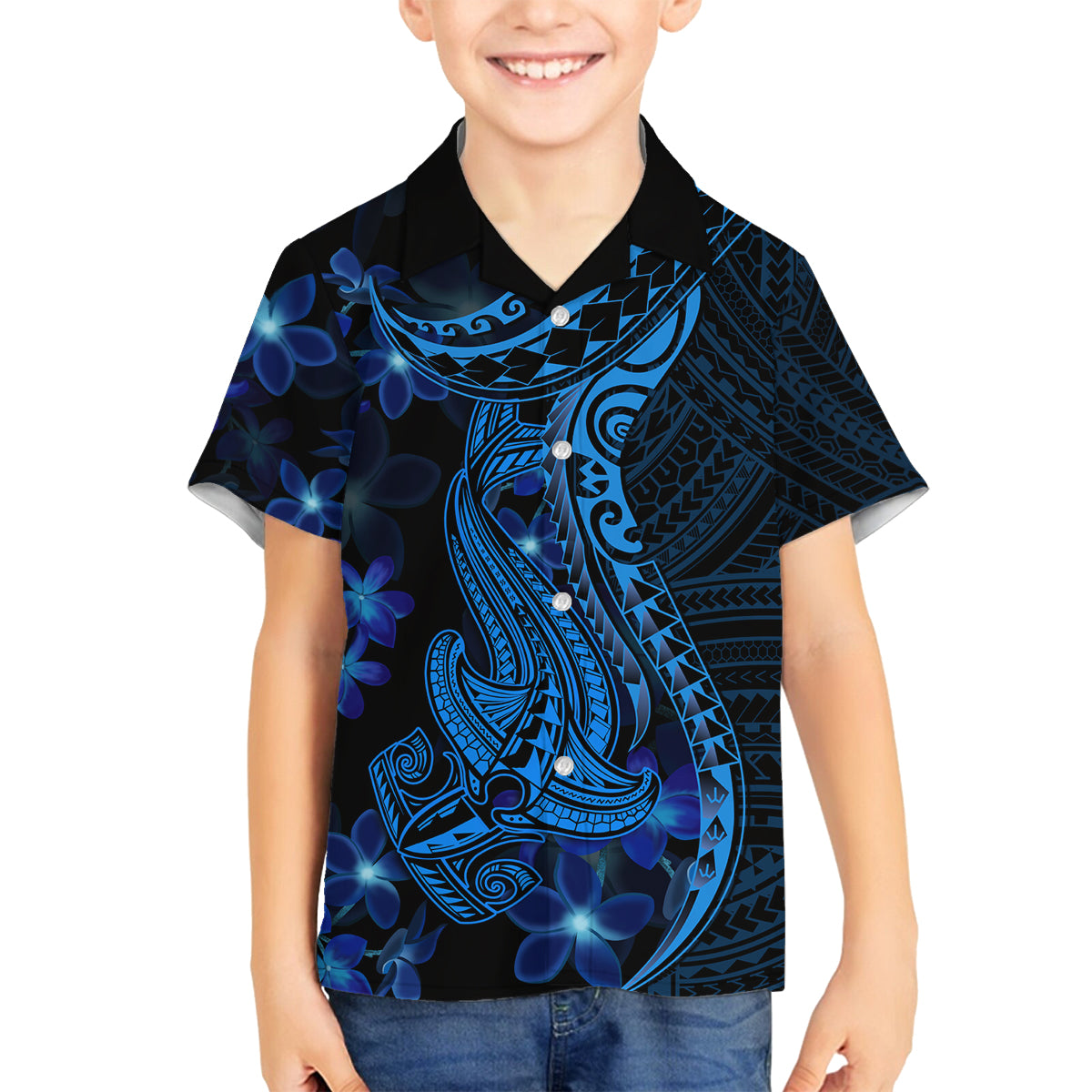 Blue Polynesia Shark Tattoo Family Matching Puletasi Dress and Hawaiian Shirt With Polynesian Plumeria LT14 Son's Shirt Blue - Polynesian Pride
