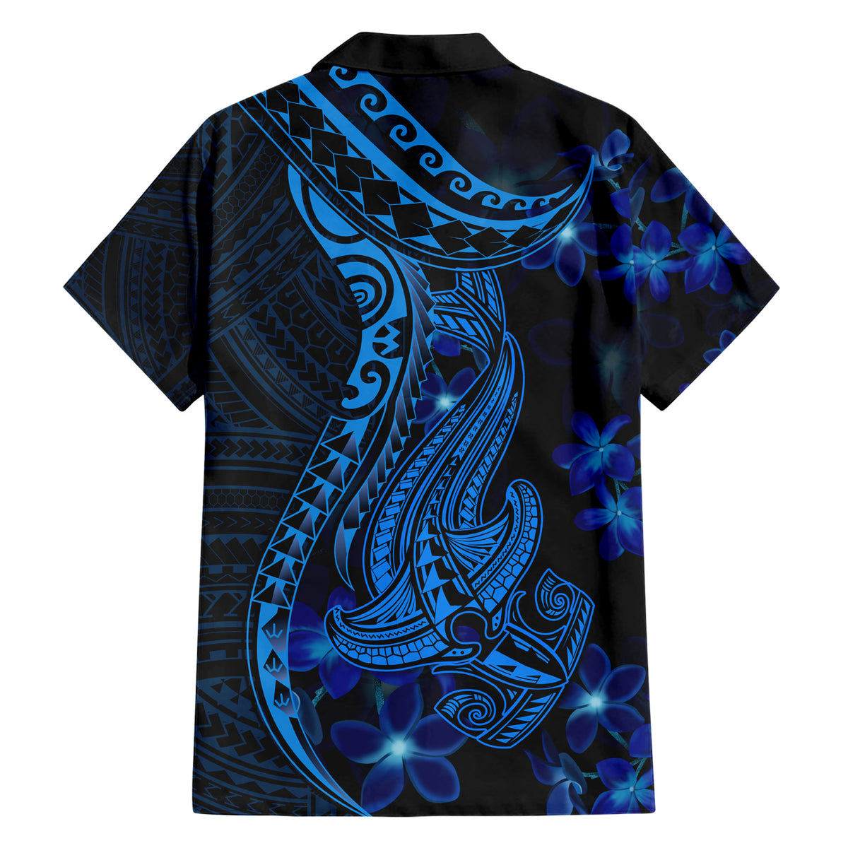 Blue Polynesia Shark Tattoo Family Matching Short Sleeve Bodycon Dress and Hawaiian Shirt With Polynesian Plumeria LT14 - Polynesian Pride