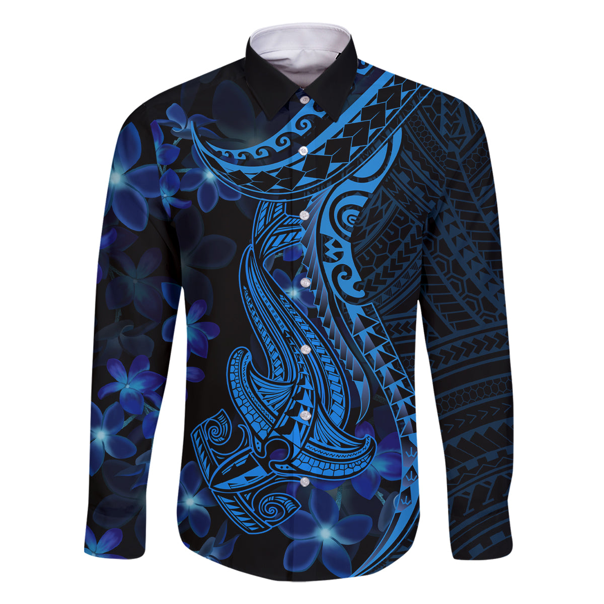 Blue Polynesia Shark Tattoo Family Matching Summer Maxi Dress and Hawaiian Shirt With Polynesian Plumeria LT14 Dad's Shirt - Long Sleeve Blue - Polynesian Pride