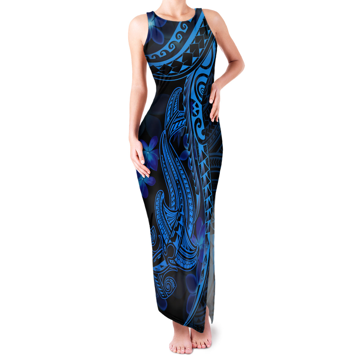 Blue Polynesia Shark Tattoo Family Matching Tank Maxi Dress and Hawaiian Shirt With Polynesian Plumeria LT14 Mom's Dress Blue - Polynesian Pride
