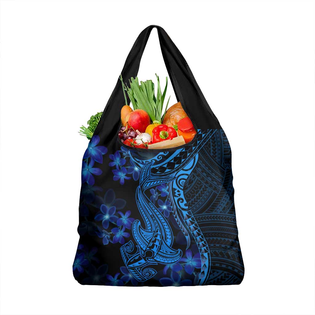 Blue Polynesia Shark Tattoo Grocery Bag With Polynesian Plumeria