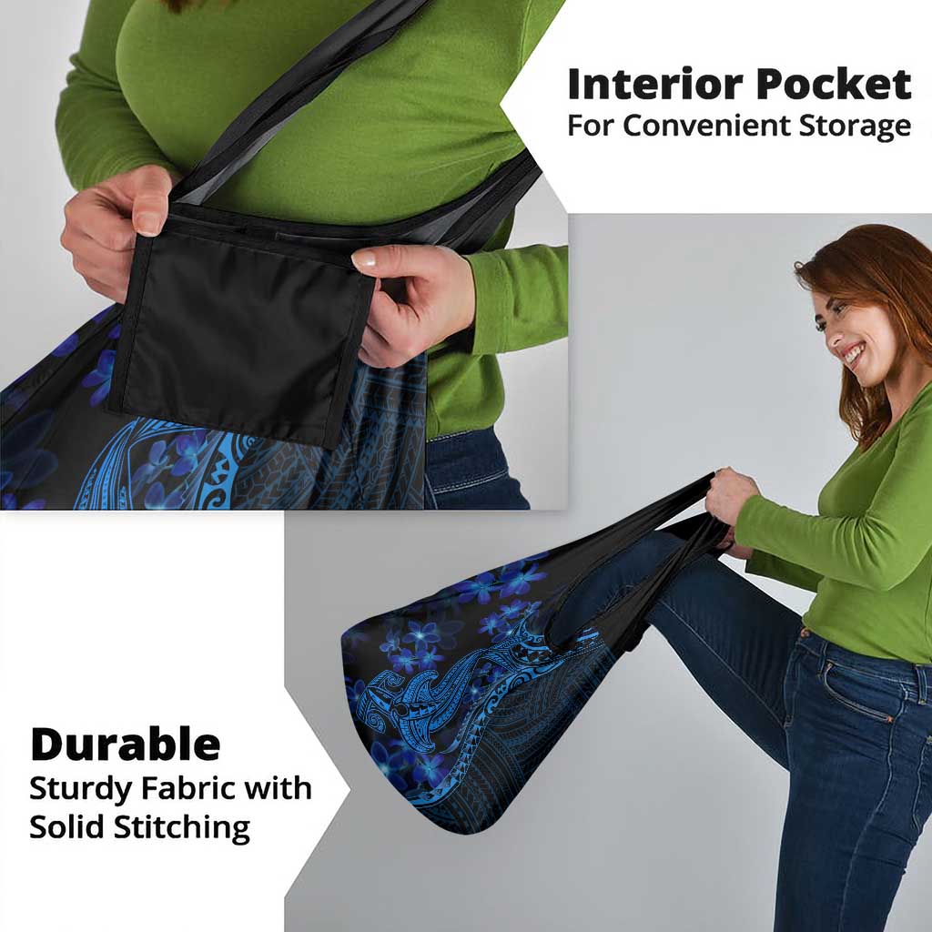 Blue Polynesia Shark Tattoo Grocery Bag With Polynesian Plumeria