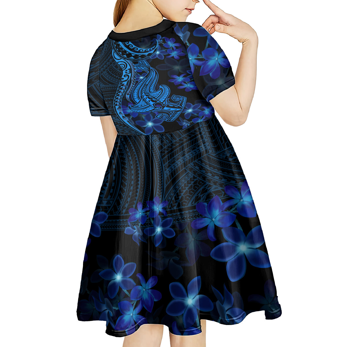 Blue Polynesia Shark Tattoo Kid Short Sleeve Dress With Polynesian Plumeria LT14 - Polynesian Pride