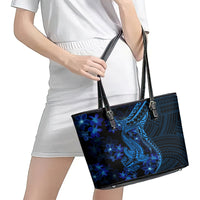 Blue Polynesia Shark Tattoo Leather Tote Bag With Polynesian Plumeria LT14 - Polynesian Pride