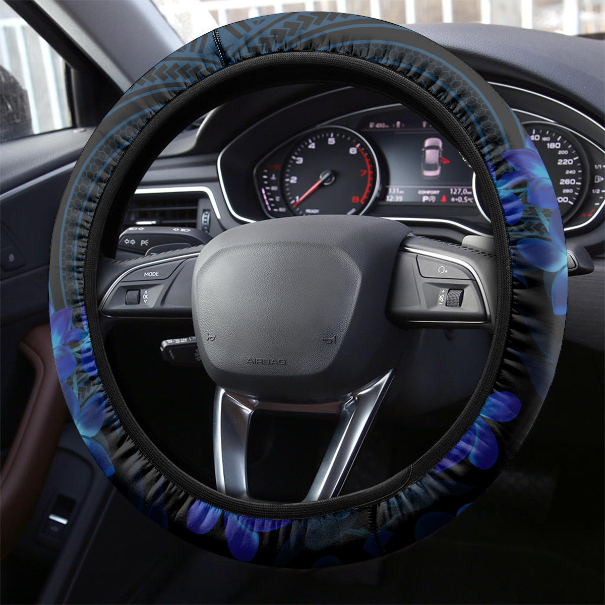 Blue Polynesia Shark Tattoo Steering Wheel Cover With Polynesian Plumeria