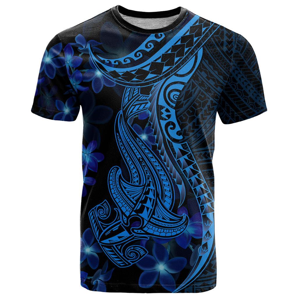Blue Polynesia Shark Tattoo T Shirt With Polynesian Plumeria LT14 Blue - Polynesian Pride