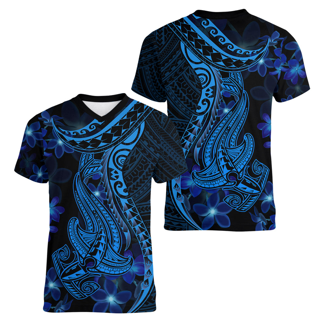 Blue Polynesia Shark Tattoo Women V Neck T Shirt With Polynesian Plumeria LT14 - Polynesian Pride