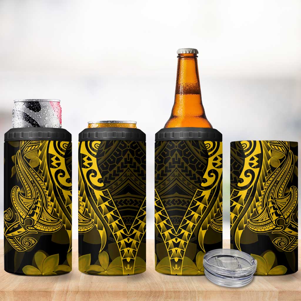 Gold Polynesia Shark Tattoo 4 in 1 Can Cooler Tumbler With Polynesian Plumeria