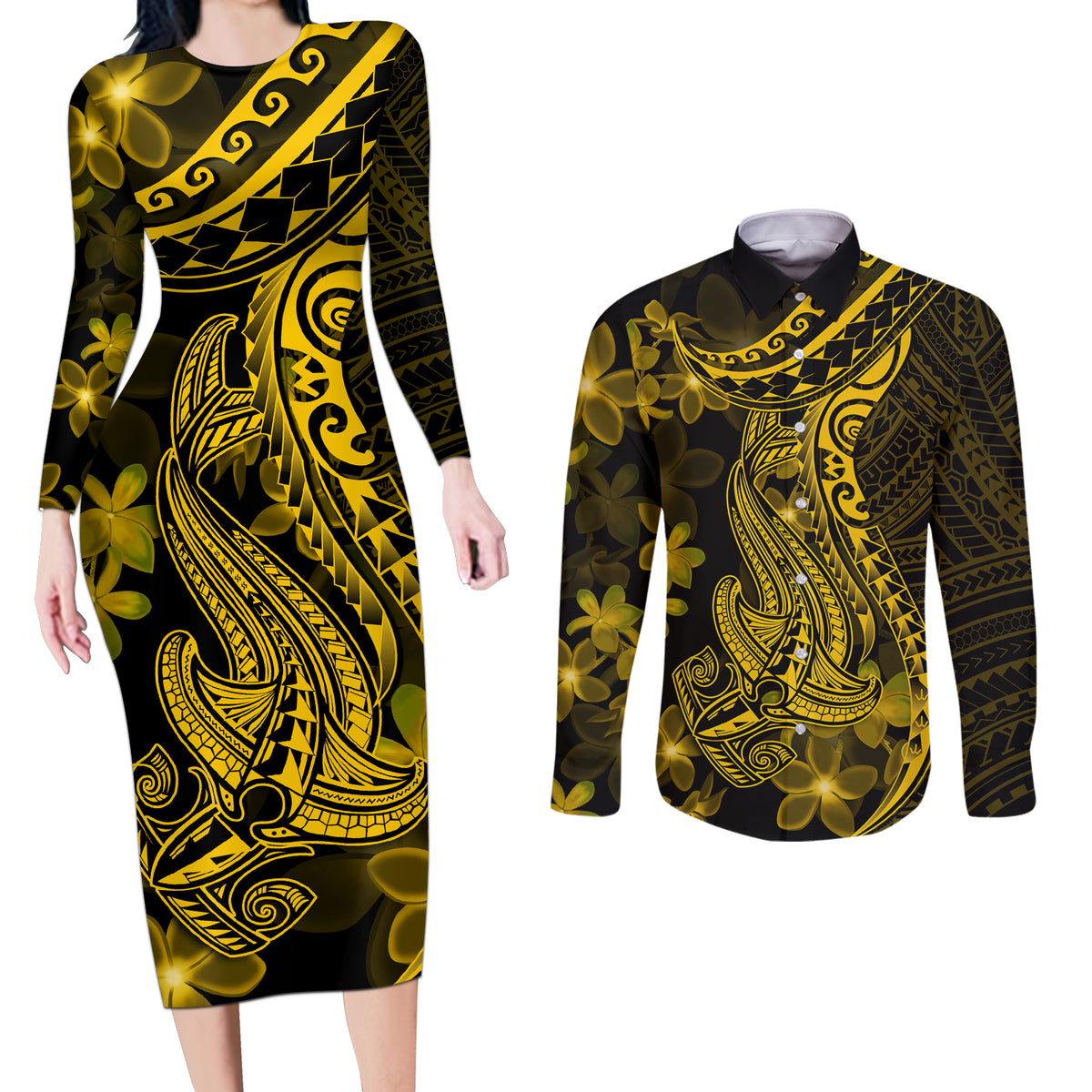 Gold Polynesia Shark Tattoo Couples Matching Long Sleeve Bodycon Dress and Long Sleeve Button Shirt With Polynesian Plumeria LT14 Gold - Polynesian Pride