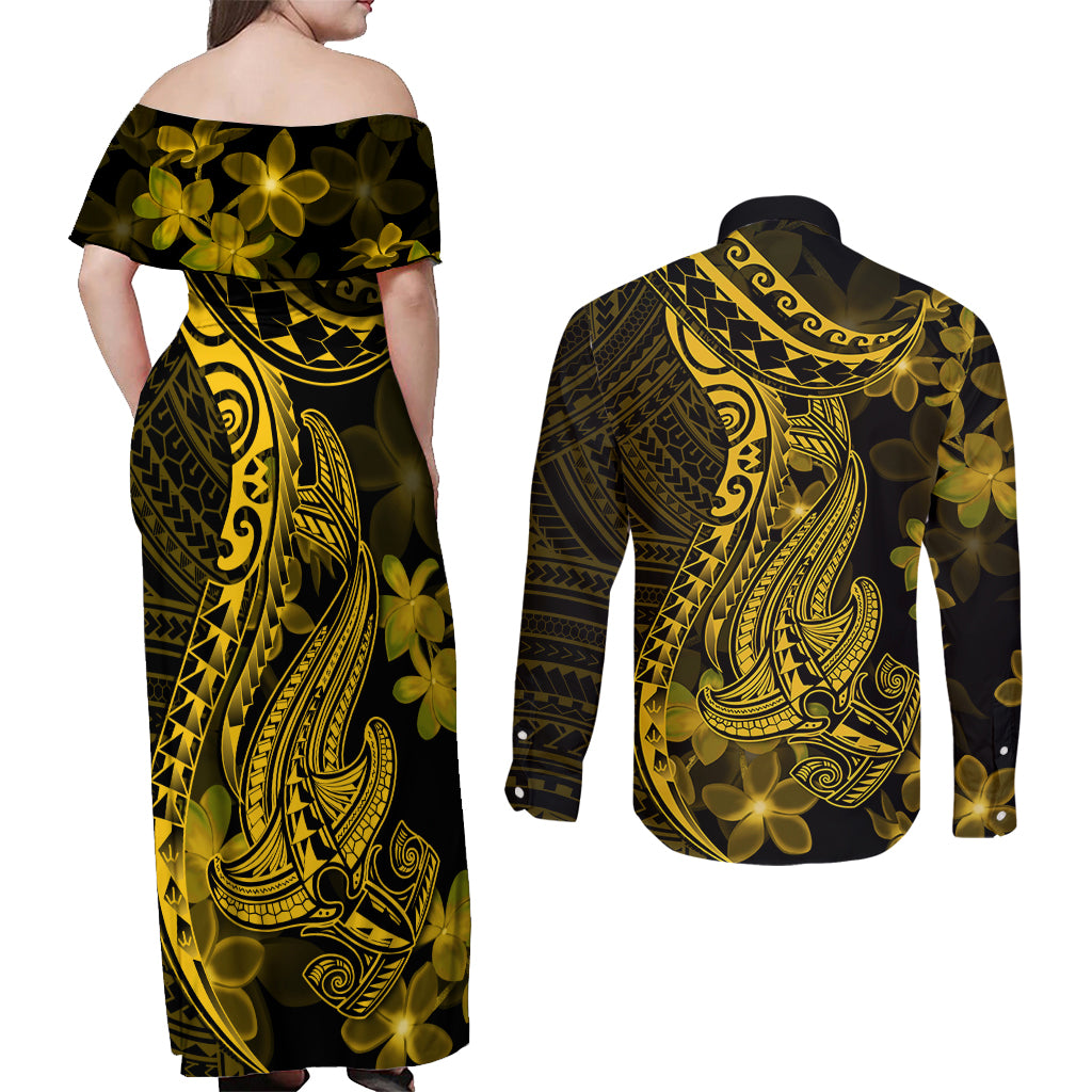 Gold Polynesia Shark Tattoo Couples Matching Off Shoulder Maxi Dress and Long Sleeve Button Shirt With Polynesian Plumeria LT14 - Polynesian Pride
