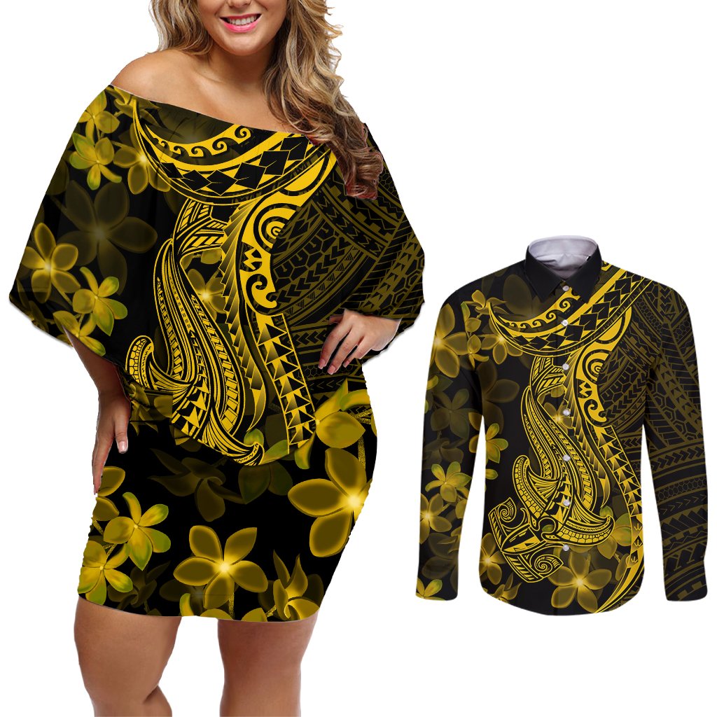 Gold Polynesia Shark Tattoo Couples Matching Off Shoulder Short Dress and Long Sleeve Button Shirt With Polynesian Plumeria LT14 Gold - Polynesian Pride