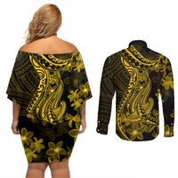 Gold Polynesia Shark Tattoo Couples Matching Off Shoulder Short Dress and Long Sleeve Button Shirt With Polynesian Plumeria LT14 - Polynesian Pride
