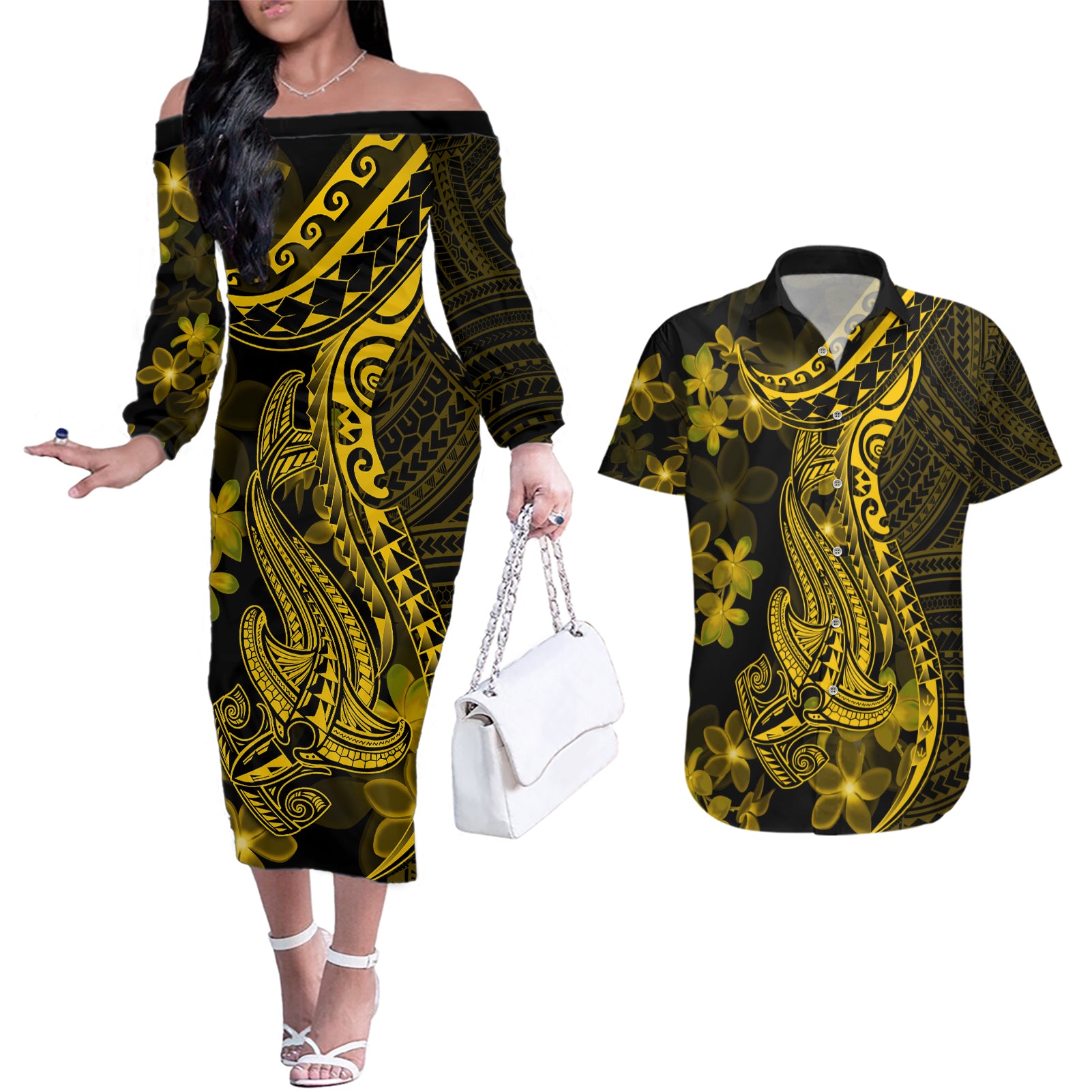 Gold Polynesia Shark Tattoo Couples Matching Off The Shoulder Long Sleeve Dress and Hawaiian Shirt With Polynesian Plumeria LT14 Gold - Polynesian Pride