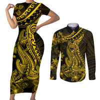 Gold Polynesia Shark Tattoo Couples Matching Short Sleeve Bodycon Dress and Long Sleeve Button Shirt With Polynesian Plumeria LT14 Gold - Polynesian Pride
