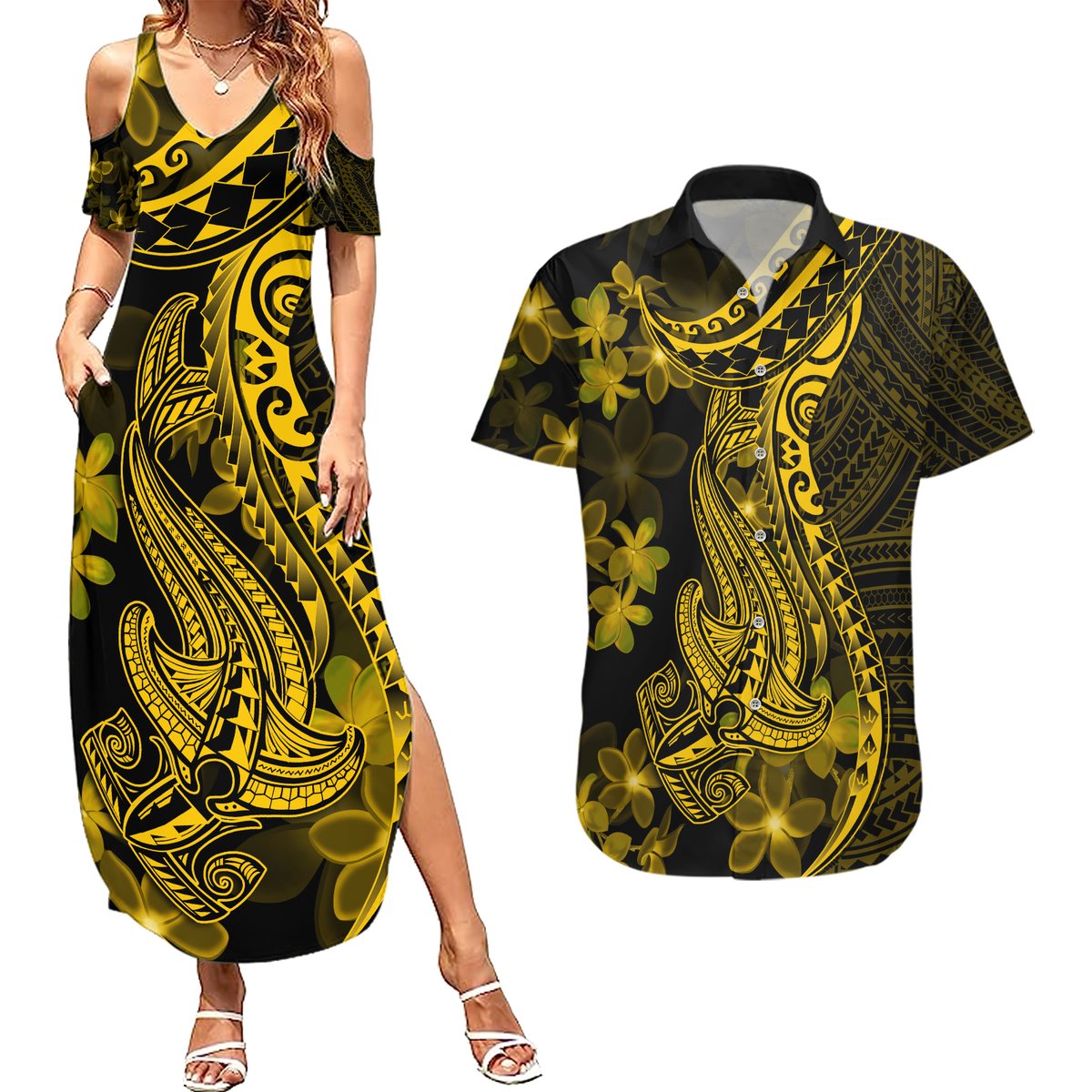 Gold Polynesia Shark Tattoo Couples Matching Summer Maxi Dress and Hawaiian Shirt With Polynesian Plumeria LT14 Gold - Polynesian Pride