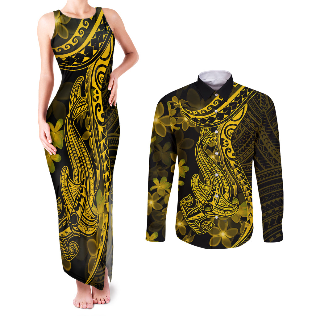 Gold Polynesia Shark Tattoo Couples Matching Tank Maxi Dress and Long Sleeve Button Shirt With Polynesian Plumeria LT14 Gold - Polynesian Pride