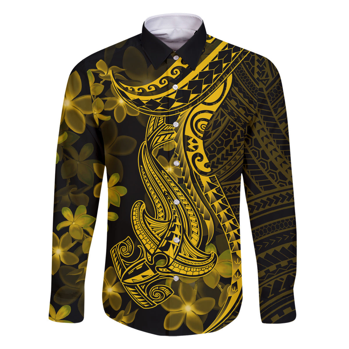 Gold Polynesia Shark Tattoo Family Matching Long Sleeve Bodycon Dress and Hawaiian Shirt With Polynesian Plumeria LT14 Dad's Shirt - Long Sleeve Gold - Polynesian Pride