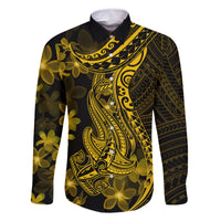 Gold Polynesia Shark Tattoo Family Matching Long Sleeve Bodycon Dress and Hawaiian Shirt With Polynesian Plumeria LT14 Dad's Shirt - Long Sleeve Gold - Polynesian Pride