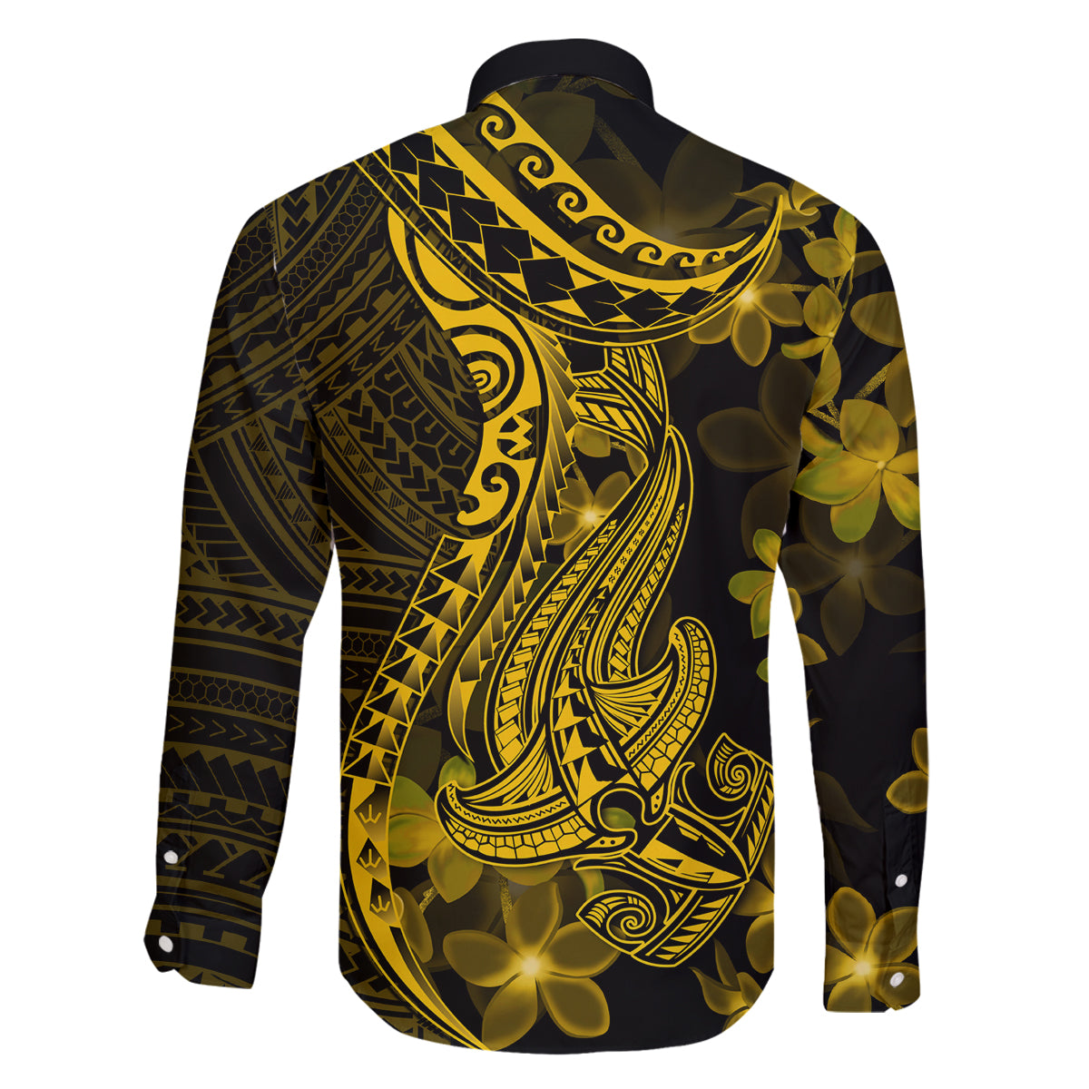 Gold Polynesia Shark Tattoo Family Matching Long Sleeve Bodycon Dress and Hawaiian Shirt With Polynesian Plumeria LT14 - Polynesian Pride