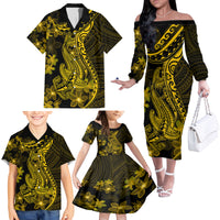 Gold Polynesia Shark Tattoo Family Matching Off Shoulder Long Sleeve Dress and Hawaiian Shirt With Polynesian Plumeria LT14 - Polynesian Pride