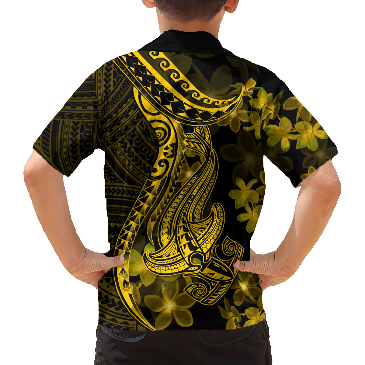 Gold Polynesia Shark Tattoo Family Matching Off Shoulder Short Dress and Hawaiian Shirt With Polynesian Plumeria LT14 - Polynesian Pride