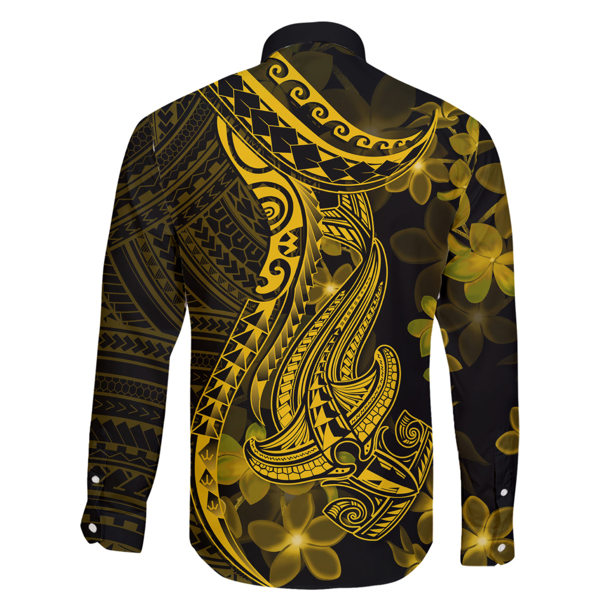 Gold Polynesia Shark Tattoo Family Matching Short Sleeve Bodycon Dress and Hawaiian Shirt With Polynesian Plumeria LT14 - Polynesian Pride