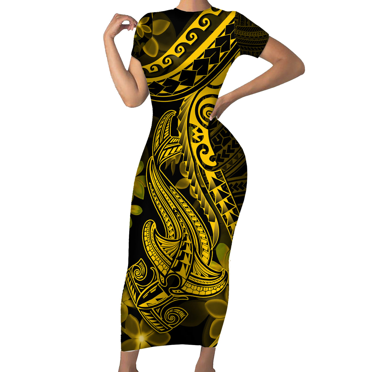 Gold Polynesia Shark Tattoo Family Matching Short Sleeve Bodycon Dress and Hawaiian Shirt With Polynesian Plumeria LT14 Mom's Dress Gold - Polynesian Pride