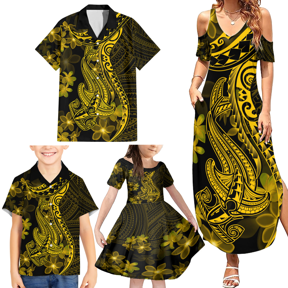 Gold Polynesia Shark Tattoo Family Matching Summer Maxi Dress and Hawaiian Shirt With Polynesian Plumeria LT14 - Polynesian Pride