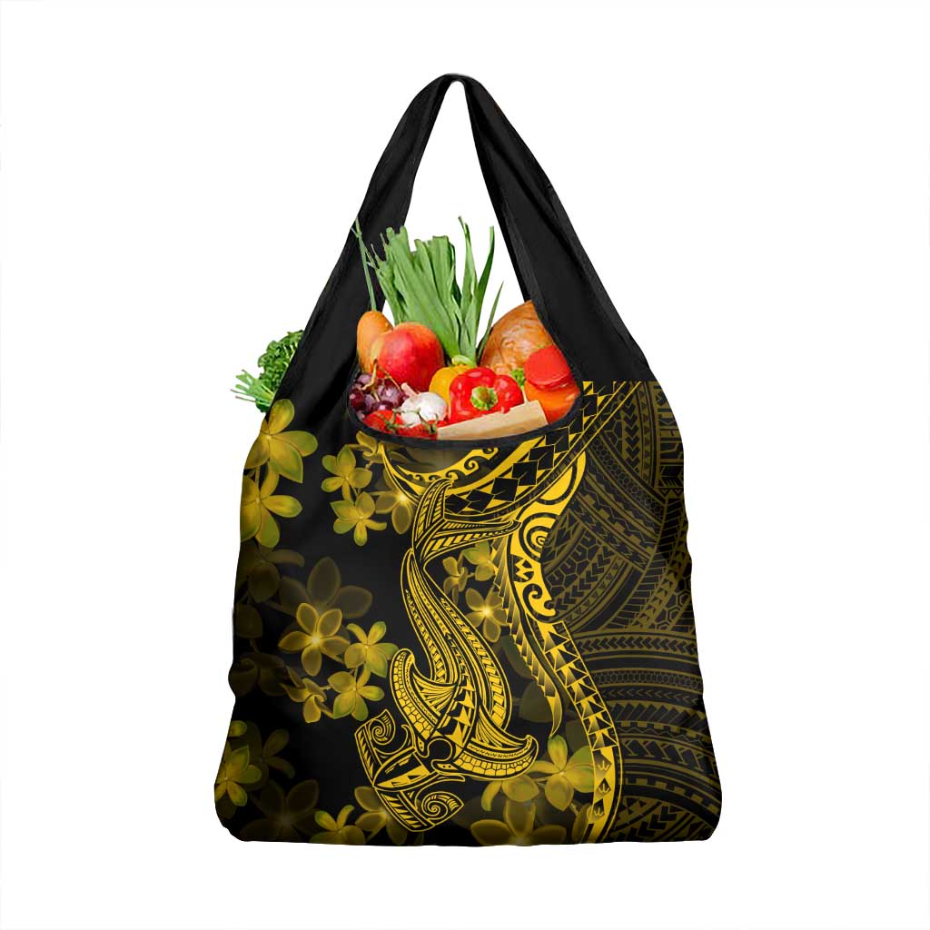 Gold Polynesia Shark Tattoo Grocery Bag With Polynesian Plumeria