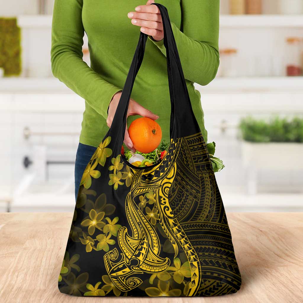 Gold Polynesia Shark Tattoo Grocery Bag With Polynesian Plumeria
