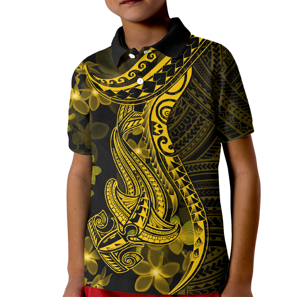Gold Polynesia Shark Tattoo Kid Polo Shirt With Polynesian Plumeria LT14 Kid Gold - Polynesian Pride