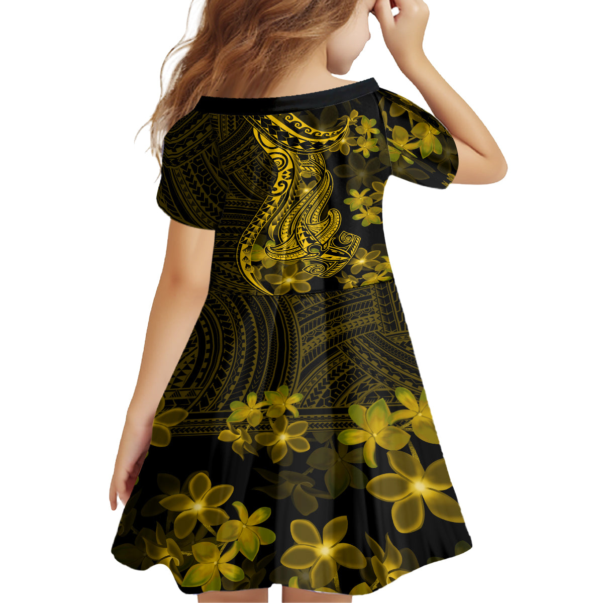 Gold Polynesia Shark Tattoo Kid Short Sleeve Dress With Polynesian Plumeria LT14 - Polynesian Pride
